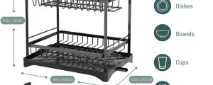 CARLA HOME 2-Tier Large Dish Drying Rack with Drainboard, Utensil Holder, Glass Hooks & Cutlery Storage (Black)