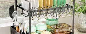 CARLA HOME 2-Tier Large Dish Drying Rack with Drainboard, Utensil Holder, Glass Hooks & Cutlery Storage (Black)
