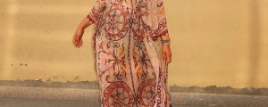 Women V Neck Vintage Vine Print Batwing Sleeve Maxi Dress Drawstring Waist Loose Flare Long Dress Mesh Texture Beach Vacation