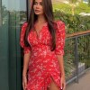 Women Red Floral Printed Mini Dress V-neck Short Sleeved Puff Sleeve Waist Trim Ruffle Slit Hem Dresses 2026 Summer Party Gown